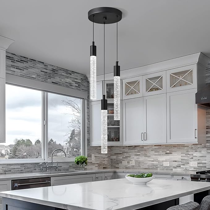 Modern Light Fixture Kitchen Island Pendant Light Dimmable LED Black Pendant Lights Mini Crystal Pendant Lighting for Bedroom Dining Room Living Room（3-Light ）