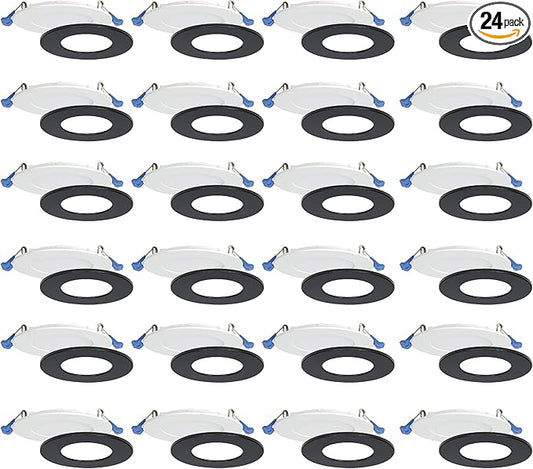 Nadair 24-Pack, 4 inches LED Ultra Slim Recessed Lights, 9W, 750 Lumens, 3000K (Warm White), White and Black Trim Included, Dimmable, IC Rated, ETL Certified