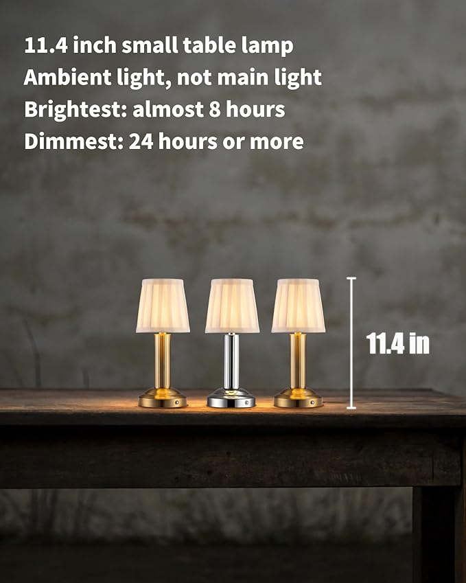 Mini Cordless Table Lamp 2 Pack - 11.4" Stepless Dimmable Touch Lamp with Fabric Shade, Small LED Lamps, 4000mAh Rechargeable Battery Operated Lamps for Dinning Room, Bedroom, Bar (Gold)