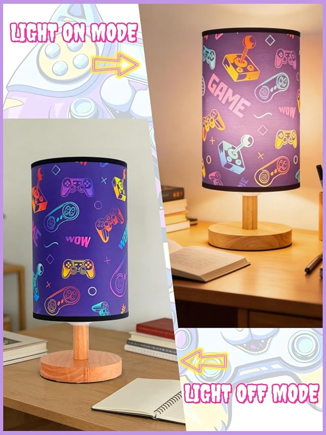 Video Game Lamp, Boy for Bedroom Reading Lamp-3-Way Dimmable Bedside Night Light with Cartoon Pattern Printed Shade and Wood Base for Kids Room,Game or Living Decor, Birthday Gifts for Boys