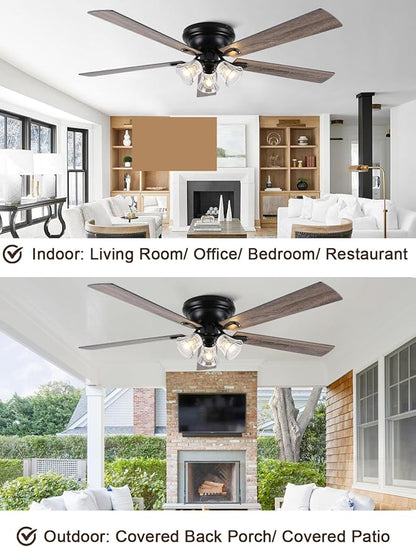 60" Flush Mount Vintage Ceiling Fan with Lights and Remote, Farmhouse Rustic Ceiling Fan Low Profile Antique Fandelier Chandelier for Bedroom Living Room, 3 E26 Lights (Bulbs Not Included)