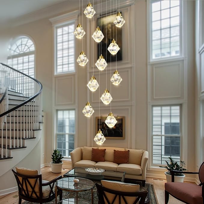 H138in Foyer Chandelier Staircase Chandeliers for High Ceiling Gold Pendant Light Fixture 14-Lights Crystal Chandelier Lighting Fixture for Living Room Staircase Villa