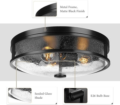 16 Inch Large Flush Mount Ceiling Light Fixture with Seeded Glass, Black Round Ceiling Lamp Shade, Modern Farmhouse Indoor Outdoor Ceiling Lighting for Kitchen Dining Living Room Foyer