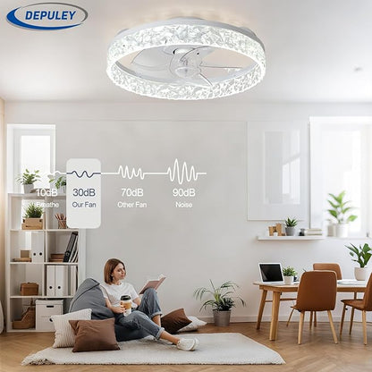 Depuley Ceiling Fans with Lights and Remote: 16" Modern Low Profile Flush Mount Ceiling Fan with App Remote Control - White Fandelier for Bedroom Living Room Kitchen Dimmable Quiet DC Motor