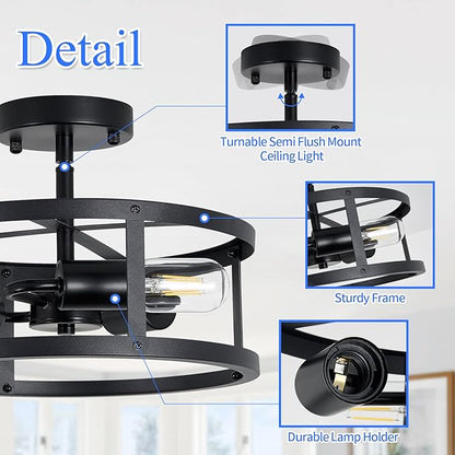 SKEJAO Semi Ceiling Light Fixture,3-Light Black Flush Mount Ceiling Light,13 Inch Hallway Light fixtures Ceiling,Light Fixtures Ceiling Mount for Farmhouse,Kitchen (2, 13.1 inch)