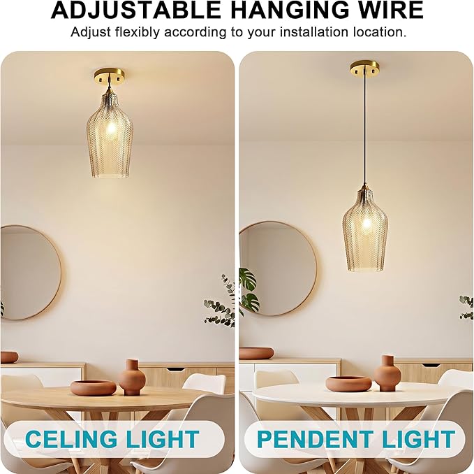Amber Glass Gold Pendant Light, Farmhouse Kitchen Island Pendant Light Fixture Adjustable Vintage Hanging Ceiling Light for Dining Room Corridor Bedroom 1 Pack, UL Certification