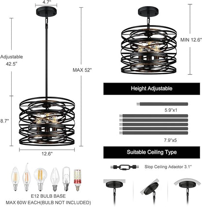 3-Light Farmhouse Black Chandelier for Dining Room Lighting Fixtures, 12.6'' Rustic Drum Ceiling Hanging Pendant Light for Foyer Entryway Kitchen Bedroom, Black with Wood-Grain Metal Interior