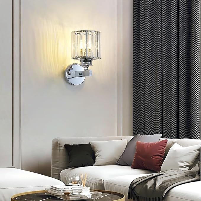 Hardwired Crystal Wall Sconces, Modern E27 Wall Lights, Silver Round Finish Wall Lamp for Living Room Bedroom Dining Room Hallway Entryway (Silver Round)