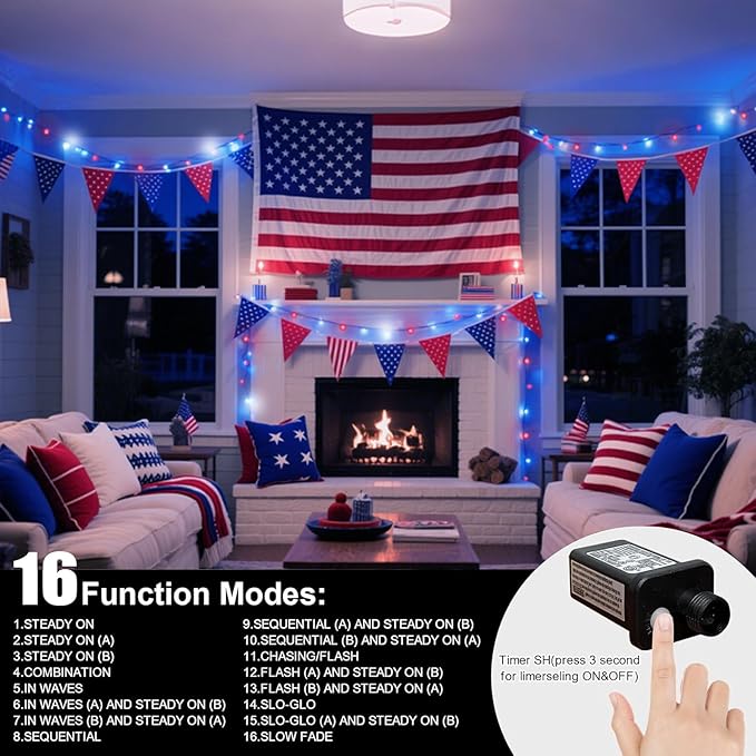 LAMPHOME 33ft Patriotic String Lights, Red White Blue Mini Lights, 100 LED Green Wire Fairy Starry String Lights Plug in, 16 Modes for Independence Day Celebration Party Memorial Day Decor