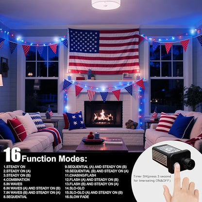 LAMPHOME 33ft Patriotic String Lights, Red White Blue Mini Lights, 100 LED Green Wire Fairy Starry String Lights Plug in, 16 Modes for Independence Day Celebration Party Memorial Day Decor