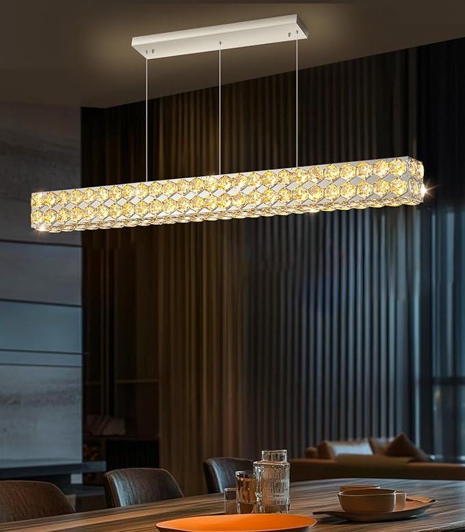 47'' Modern Crystal Chandelier for Dining Room Ceiling Light Fixture for Living Room Hallway Lighting LED Dimmable with Remote Silver