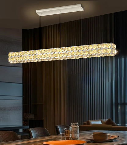 47'' Modern Crystal Chandelier for Dining Room Ceiling Light Fixture for Living Room Hallway Lighting LED Dimmable with Remote Silver