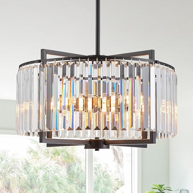 Black Crystal Chandelier Modern Drum Pendant Lighting Fixture for Dining Room, 20" Farmhouse Round 5-Light for Living Room Kitchen Island Bedroom Black