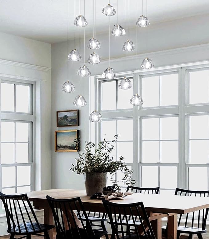 HAIXIANG W27.6 x D11.8 x H118 Rectangular Glam Chandelier Bubble Crystal Ceiling Pendant Lights Dimmable High Ceiling Chandeliers Fixtures Adjustable Long Lights Antique Gold
