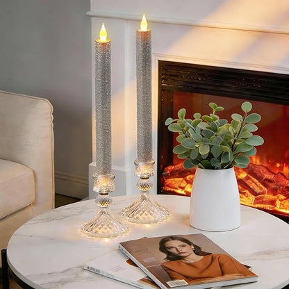 LED Flameless Taper Candles with Remote Control,Set of 2, Silver Glitter Finish, Crystal Glass Candlestick Holders, Timer Function (Silver LED)