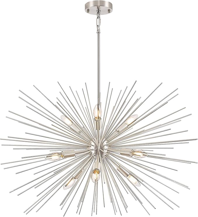 32in Nickel Sputnik Chandelier Solid Metal Starburst Chandelier Light Fixture 9-Light Mid Century Modern Satellite Light Fixture for Living Room Dining Room Foyer Study Room Bathroom