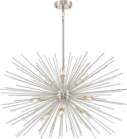 32in Nickel Sputnik Chandelier Solid Metal Starburst Chandelier Light Fixture 9-Light Mid Century Modern Satellite Light Fixture for Living Room Dining Room Foyer Study Room Bathroom