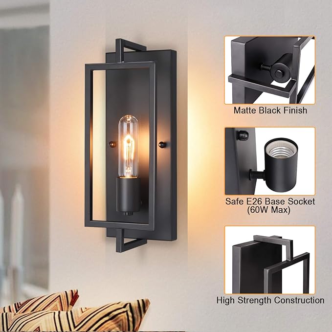 Maylaywood Industrial Wall Sconces Set of 2, Vintage Light Fixture Large, E26 Base, Matte Black Metal Wall Mount Lamp, Modern Indoor Lighting Hardwired