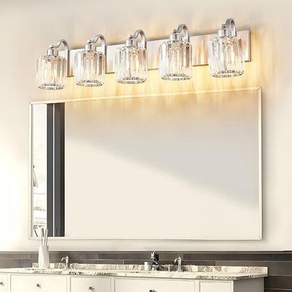 Modern Crystal Bathroom Vanity Light 5 Light Brushed Nickel Vanity Lighting Over Mirror Bathroom Wall Lighting Fixtures with Round Shade (Exclude Bulb)
