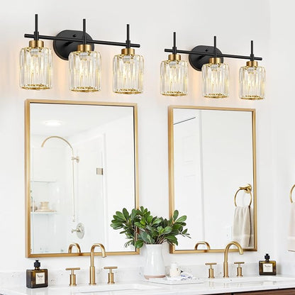 Modern Crystal Bathroom Vanity Light, 3-Light Black & Gold Vanity Lighting Fixture with Clear K9 Crystal Shades, Adjustable Up/Down Installation, E26 Base (Bulbs Not Included)