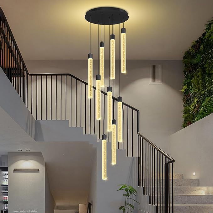 Modern 9-Lights Black Crystal Column Chandeliers for Entrance Dimmable LED Pendant Lighting Hanging Lights for Dining Room Bedroom Foyer Staircase Living Room