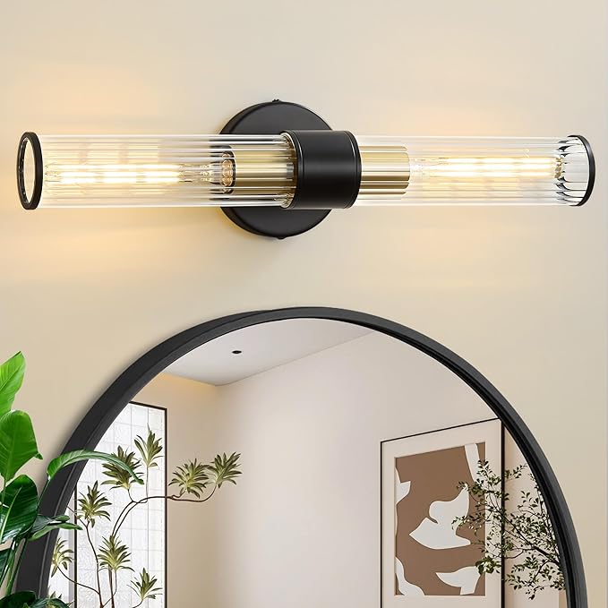 Bathroom Light Fixtures, Black Gold Wall Sconce in Threaded Glass Vanity Light, Modern Bathroom Wall Light for Bedroom, Living Room - Bulb Not Included