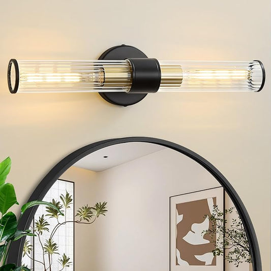 Bathroom Light Fixtures, Black Gold Wall Sconce in Threaded Glass Vanity Light, Modern Bathroom Wall Light for Bedroom, Living Room - Bulb Not Included