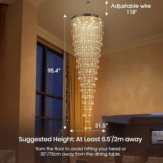 Modern Large Crystal Chandelier for High Ceilings, Raindrop Round Large Foyer Chandelier, Luxury Flush Mount Ceiling Light Fixture for Stairse Entryway Living Room Dia 32" x H 96"-12 Lights