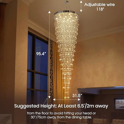 Modern Large Crystal Chandelier for High Ceilings, Raindrop Round Large Foyer Chandelier, Luxury Flush Mount Ceiling Light Fixture for Stairse Entryway Living Room Dia 32" x H 96"-12 Lights