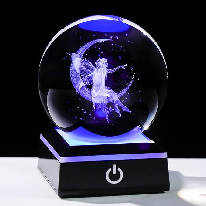 Arikyrist 3D Crystal Ball Moon Fairy Figurine with Colorful LED Base, Fairy Gifts for Women Girls on Christmas Birthday, Fairy Statue Glass Globe Decorative Ball for Home Decor (80mm)