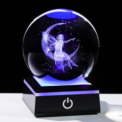 Arikyrist 3D Crystal Ball Moon Fairy Figurine with Colorful LED Base, Fairy Gifts for Women Girls on Christmas Birthday, Fairy Statue Glass Globe Decorative Ball for Home Decor (80mm)