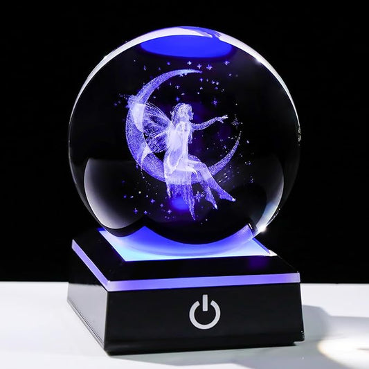 Arikyrist 3D Crystal Ball Moon Fairy Figurine with Colorful LED Base, Fairy Gifts for Women Girls on Christmas Birthday, Fairy Statue Glass Globe Decorative Ball for Home Decor (80mm)