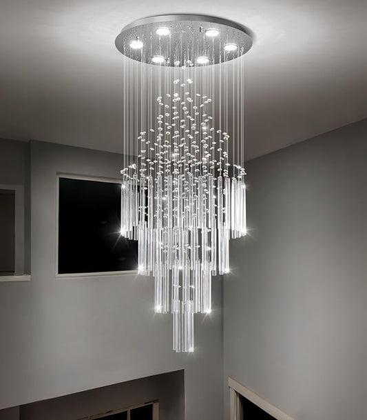 HAIXIANG W20 x H40 Crystal Glam Chandelier Long Light Chandeliers with Dimmable Light Bulbs High Ceiling Light Fixtures for Foyer Entryway Living Room Stair Silver