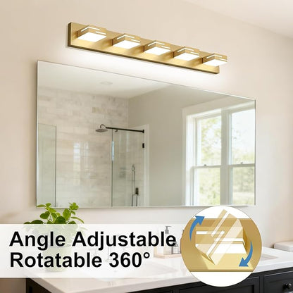 LED Modern Bathroom Vanity Light Fixtures, 5-Light 34-inch Dimmable Gold Vanity Lights for Bathroom Lighting Fixtures Over Mirror, with 360° Rotatable Heads (Cool White 6000K)
