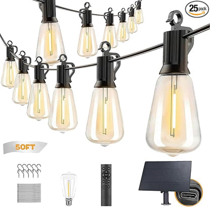 Outdoor Solar Waterproof Light String, 50FT Wire and 25+1 LED shatterproof Bulbs, dimmable Light Cannon with Remote Control, Suitable for Courtyard, Terrace, Balcony, Party Decoration Lighting
