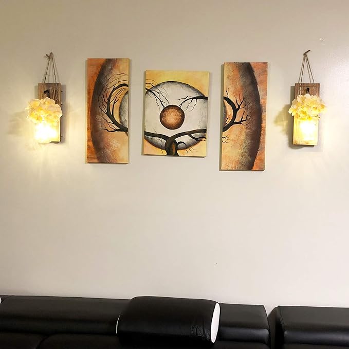 Mason Jar Wall Sconces Set of Two, Wall Deco Cute Wall Decor with LED Fairy Lights, Art for Living Room Modern Decorations, House Decor, Rustic Brown