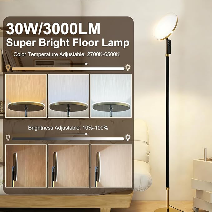 Wood Floor Lamp 30W 3000Lm Super Bright LED Wooden Floor Lamp, Remote Control 69" Tall Standing Lamp Stepless Dimming & Color Temperature Adjustable, Modern Torchiere Lamp for Bedroom, Office Black