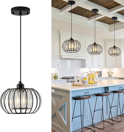 XSDeTu Black Pendant Light Fixture, Farmhouse Hanging Lights with Crystal, Adjustable Mini Kitchen Pendant Light, Modern Industrial Metal Wire Caged Hanging Pendant Lamp for Living Room, Bedroom