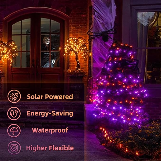 Halloween Solar Fairy Lights Outdoor Waterproof Copper Wire Orange Purple String Lights 2 Pack 33FT 100LED for Christmas Party Decoration Easter Wedding Terrace Yard Tree Garden Patio