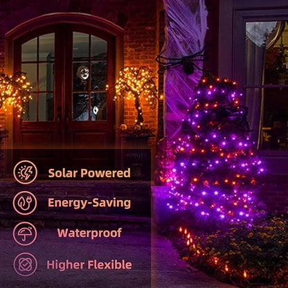 Halloween Solar Fairy Lights Outdoor Waterproof Copper Wire Orange Purple String Lights 2 Pack 33FT 100LED for Christmas Party Decoration Easter Wedding Terrace Yard Tree Garden Patio
