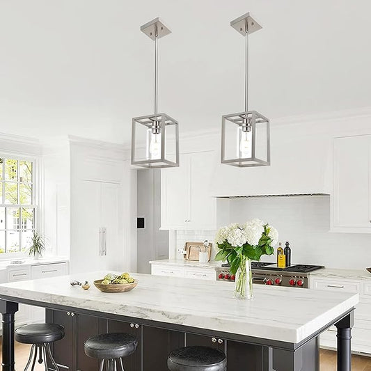 MELUCEE 2 Pack Modern Pendant Light Fixtures for Kitchen Island Brushed Nickel Dining Table Light Bathroom Ceiling Light, 1-Light Small Chandeliers with Clear Glass Shade