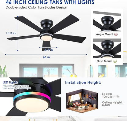 Black RGB Ceiling Fans with Lights - 46" Flush Mount Ceiling Fan with Remote APP, RGB+3CCT Dimmable Led Light, Reversible 6 Wind Speeds&2H Timer, Low Profile Modern Fan Light Fixture for Bedroom Party