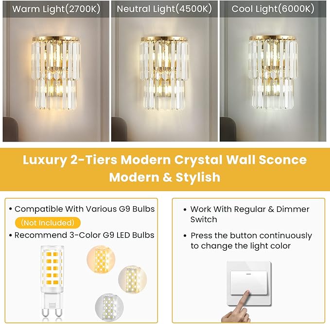 Siljoy 2-Lights Modern Crystal Wall Light, 2-Tiers Crystal Bedside Wall Mount Lighting Fixture, Mirror Gold Stainless Steel K9 Crystal Wall Sconce for Bedroom Living Room Hallway H10'' x L8''