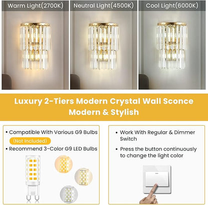 Siljoy 2-Lights Modern Crystal Wall Light, 2-Tiers Crystal Bedside Wall Mount Lighting Fixture, Mirror Gold Stainless Steel K9 Crystal Wall Sconce for Bedroom Living Room Hallway H10'' x L8''