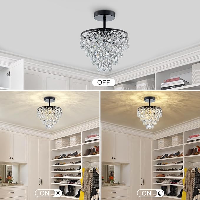 Mini Crystal Chandelier Small Modern Crystal Flush Mount Ceiling Light for Hallway Closet, E26 Base, K9 Crystal (Black-Ceiling)