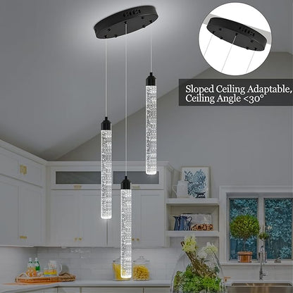 Crystal Kitchen Island Chandelier, Modern Black Spiral Dimmable LED Cluster Raindrop Foyer Chandelier Lighting, Bubble Dining Room Hanging Light Fixture 3 Light Remote Control
