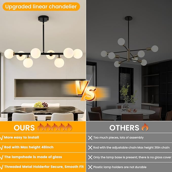 Sputnik Black and Gold Chandelier Pendant Linear Light Modern Mid Century Light Fixture White Globe Shade for Dining Living Room Kitchen Island 8-Light