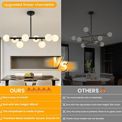 Sputnik Black and Gold Chandelier Pendant Linear Light Modern Mid Century Light Fixture White Globe Shade for Dining Living Room Kitchen Island 8-Light