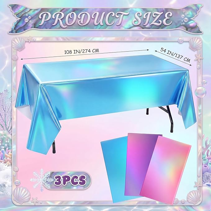 Oudain 3 Pcs Mermaid Theme Party Pink & Purple & Blue Iridescent Party Tablecloth 54 x 108 Inch Plastic Rectangle Tablecloth Waterproof Table Cover for Kpop Mermaid Theme Birthday Decoration