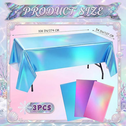 Oudain 3 Pcs Mermaid Theme Party Pink & Purple & Blue Iridescent Party Tablecloth 54 x 108 Inch Plastic Rectangle Tablecloth Waterproof Table Cover for Kpop Mermaid Theme Birthday Decoration